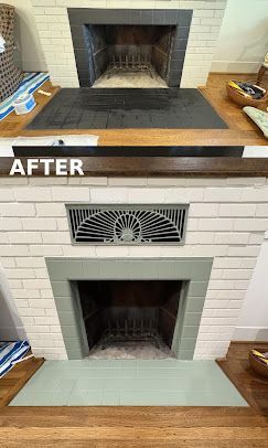 Before-and-after view of a fireplace with a black mantel and painted brick surround, showing a white vent added above.