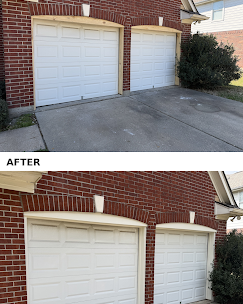 Split before-and-after photo of two white garage doors on a brick house driveway.