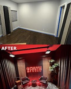 Before-and-after room makeover: empty gray room above, moody red lounge with neon sign below.