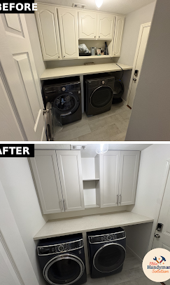 Before-and-after laundry nook with added cabinets, countertop, and white doors above washer and dryer.