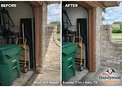 Before-and-after of a garage or shed entrance wood repair, showing improved exterior trim and brickwork.