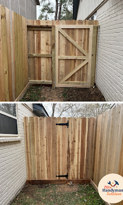 Wooden fence gate in a narrow side yard, shown closed above and open below.