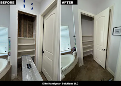 Before-and-after bathroom closet remodel showing open shelving and a white door in a small bathroom