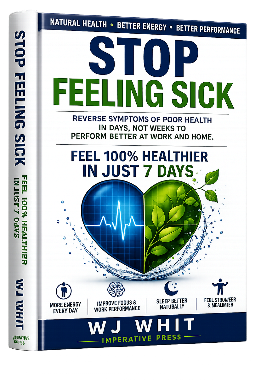 Book cover reading “Stop Feeling Sick” with blue and green heart graphic and health claims.