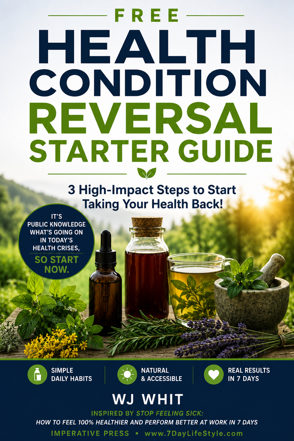 Book cover reading “Free Health Condition Reversal Starter Guide” with bottles, herbs, and greens on a table.