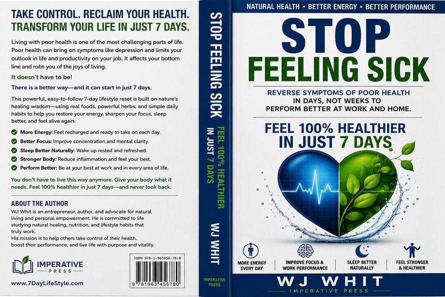 Book cover: “STOP FEELING SICK” with a green leaf and text “Feel 100% healthier in just 7 days”