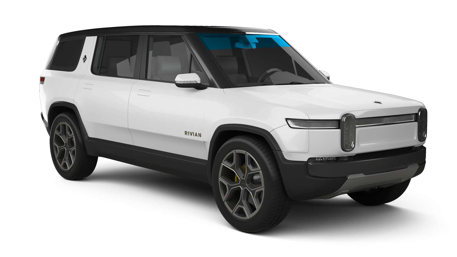 White Rivian R1S SUV with black roof on white background.