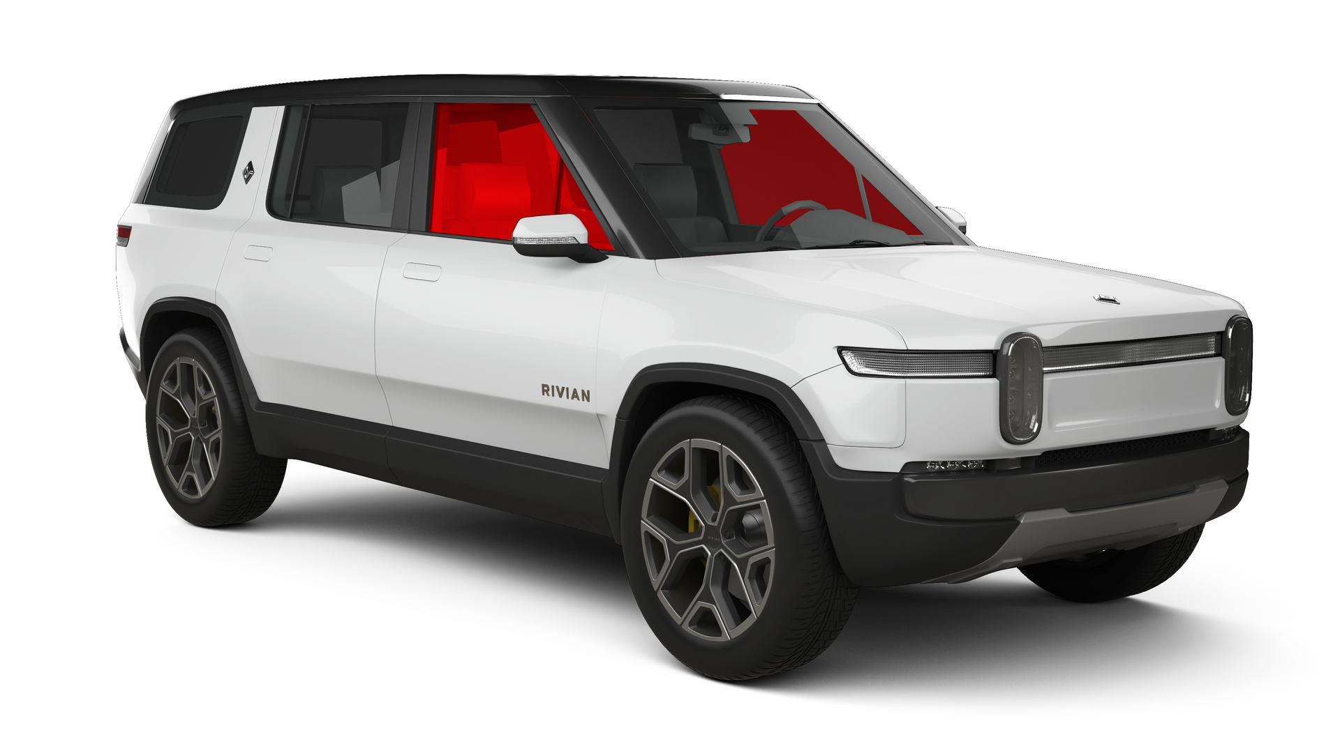 White Rivian SUV with black roof and red tinted windows.