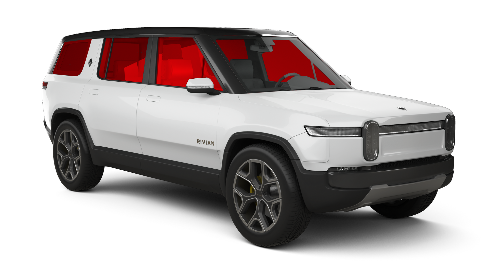 White Rivian SUV with red-tinted windows, black roof, and dark gray wheels against a white background.
