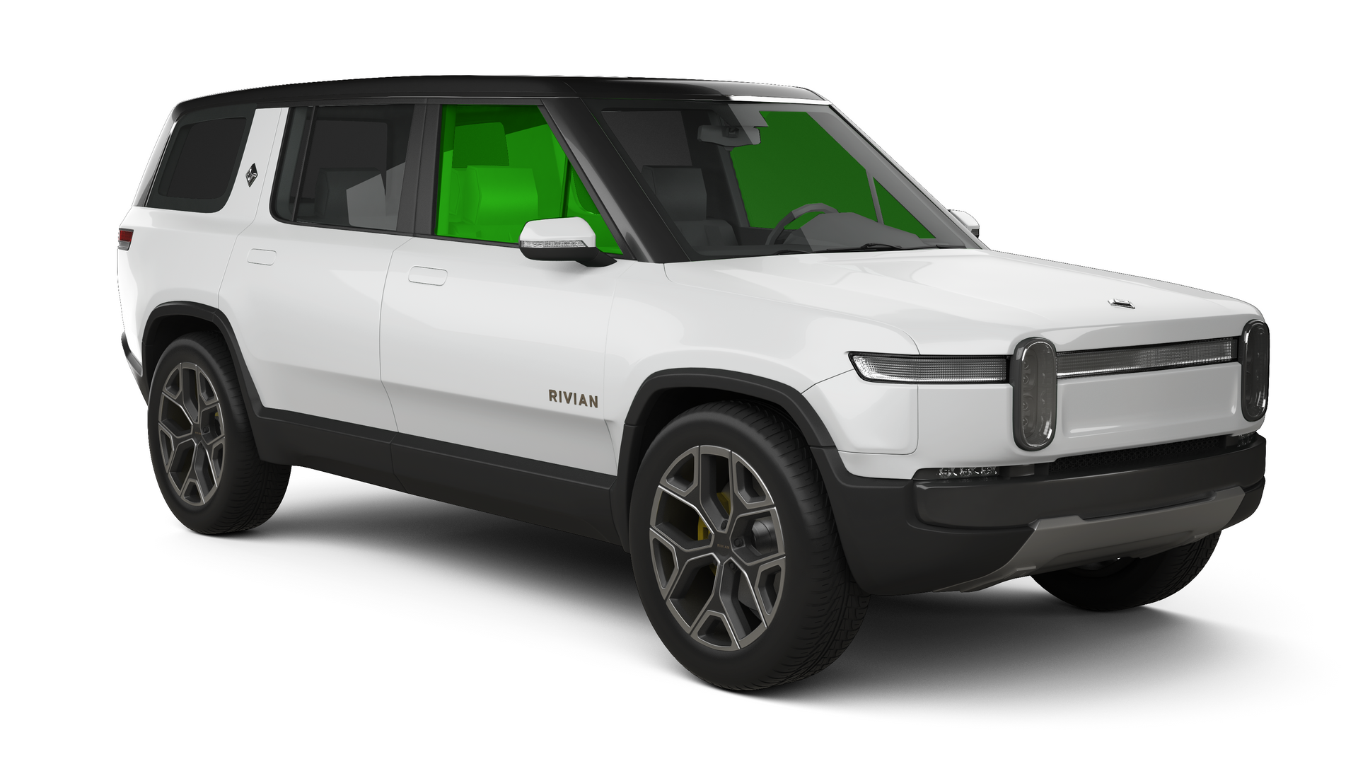 White Rivian SUV with a black roof and tinted windows.