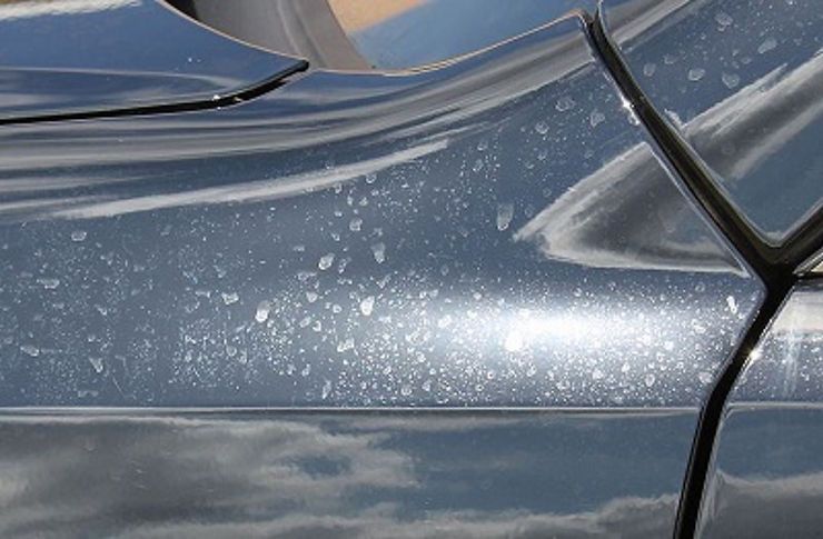 Black car paint with scattered white spots, possibly dried water or residue, reflecting sunlight.
