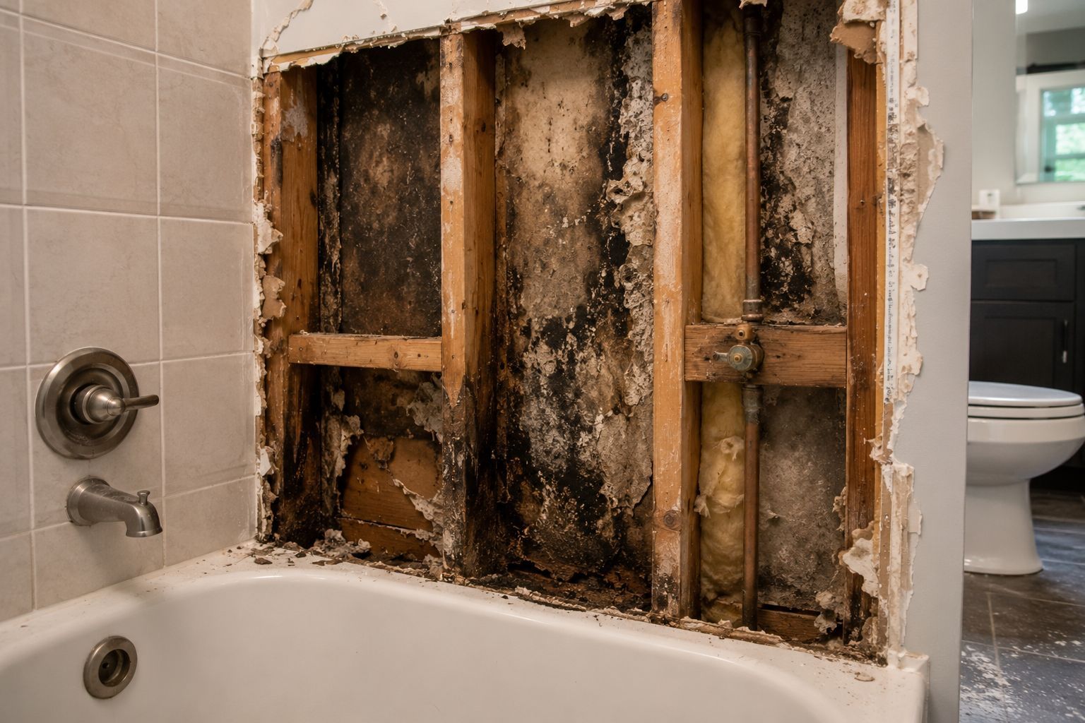 Bathroom wall opened to exposed moldy studs and damaged drywall beside a bathtub.