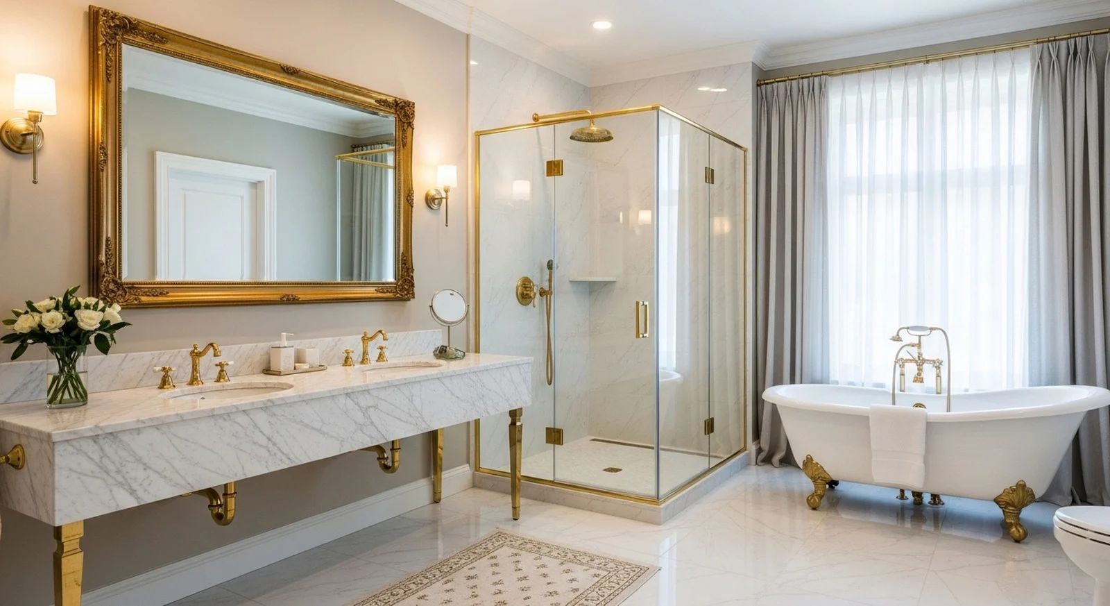 Luxurious white and gold bathroom with marble vanity, glass shower, and clawfoot tub.