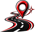 Red map pin over a winding black road with red accents and a small starburst.
