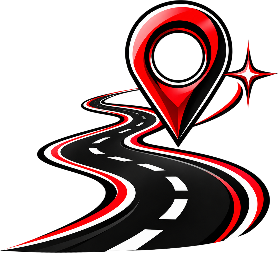 Red map pin over a winding black road with red accents and a small starburst.