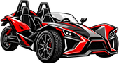 Stylized white and black open-top Slingshot Polaris with red accents and oversized rear wheels