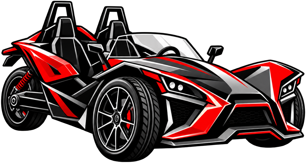 Stylized white and black open-top Slingshot Polaris with red accents and oversized rear wheels