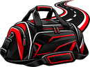 Black and red duffel bag with a shoulder strap, styled with a winding road graphic behind it