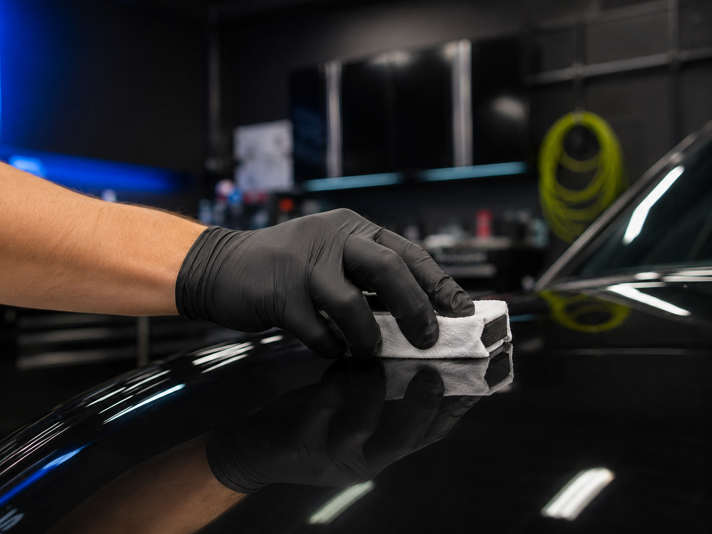 Gloved hand polishing a black car hood in a garage with bright reflections.