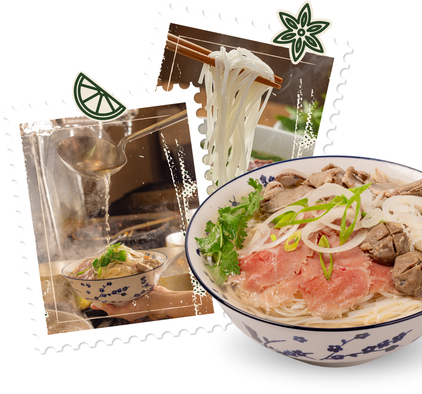 Collage di piatti giapponesi a base di noodles: una ciotola fumante di noodles e una ciotola di riso condita con verdure e carne.