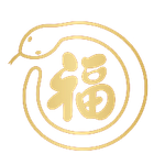 Emblema circolare dorato a forma di serpente con il carattere cinese 福 al centro.
