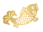 Illustrazione di una carpa koi dorata con squame ondulate, coda arricciata e occhio circolare su sfondo bianco.