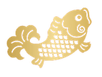 Illustrazione di una carpa koi dorata con squame ondulate, coda arricciata e occhio circolare su sfondo bianco.