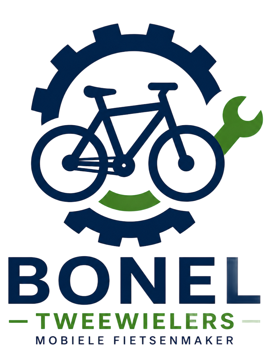 Het Bonel Tweewielers-logo met blauwe fietsversnellingen, een groene moersleutel en donkergroene tekst.