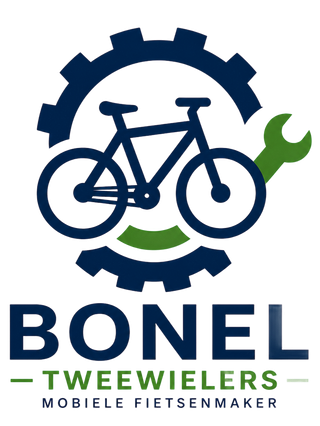 Het Bonel Tweewielers-logo met blauwe fietsversnellingen, een groene moersleutel en donkergroene tekst.