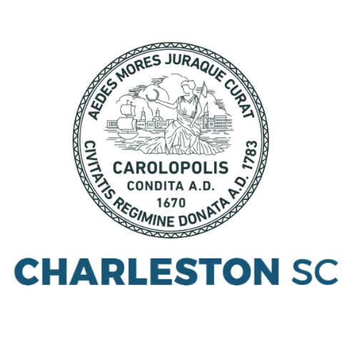 Charleston, SC logo with city seal and bold blue text on white background