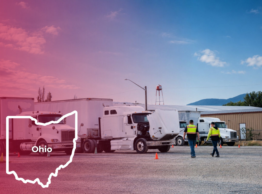 A CDL instructor in a reflective vest stands in an outdoor training lot with a semi-truck