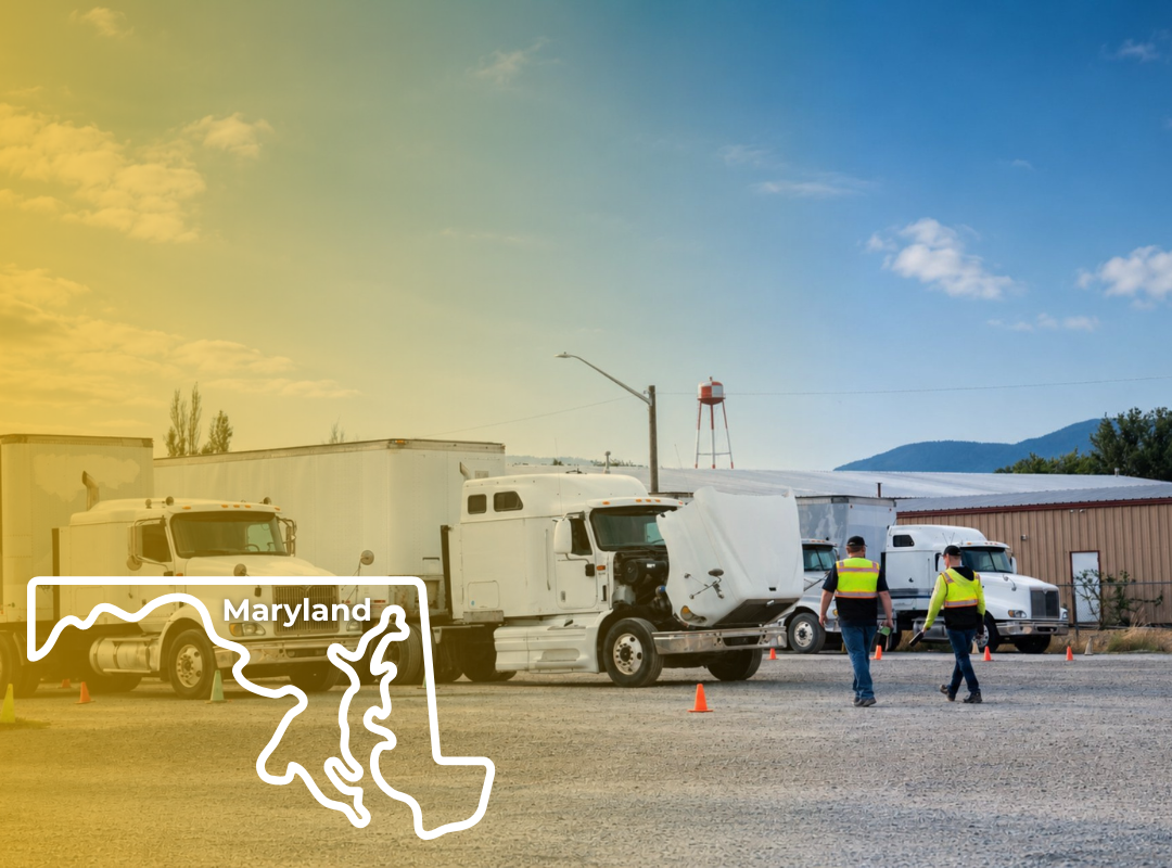 A CDL instructor in a reflective vest stands in an outdoor training lot with a semi-truck