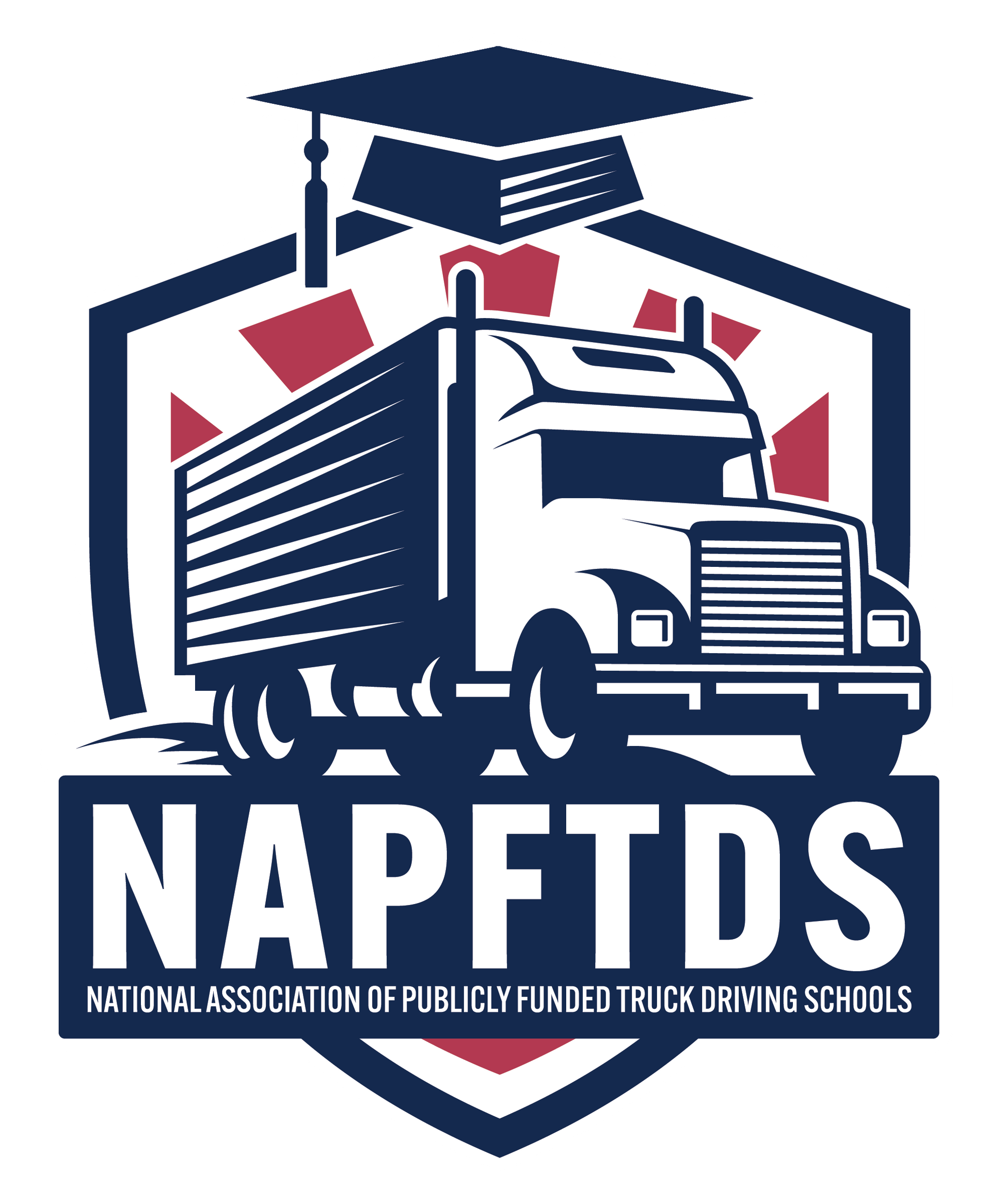 Logo for National Association of Publicly Funded Truck Driving Schools: truck, graduation cap, and text 