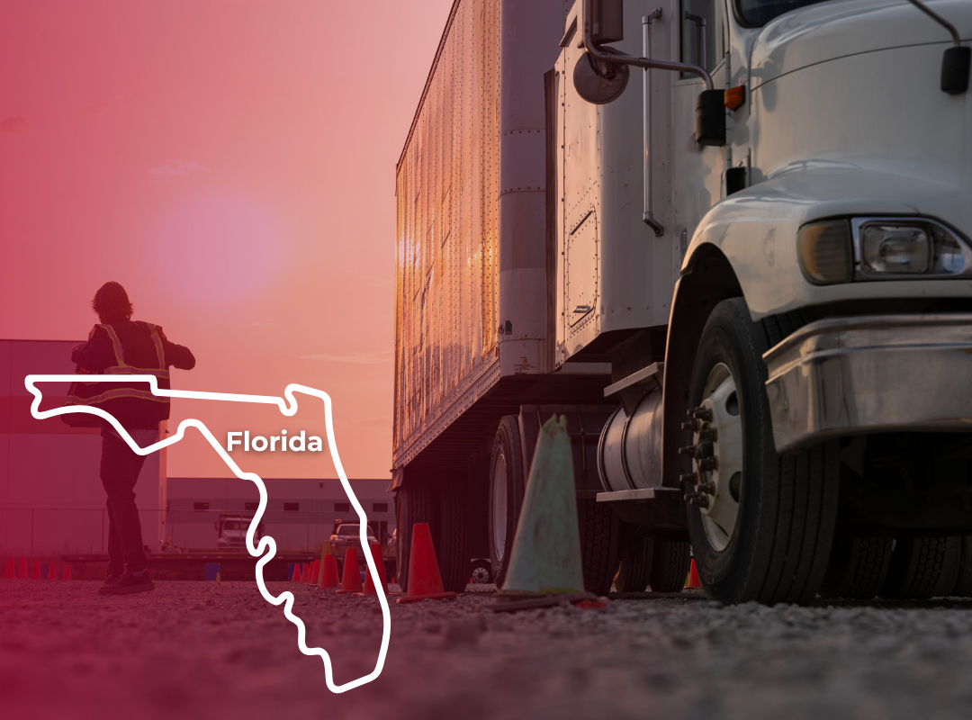 A CDL instructor in a reflective vest stands in an outdoor training lot with a semi-truck; an outline of Florida is overlaid.