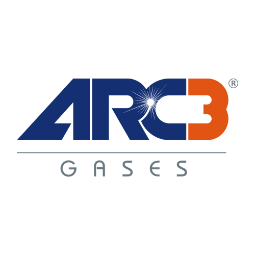 ARC3 Gases logo, blue and orange text with a starburst graphic,