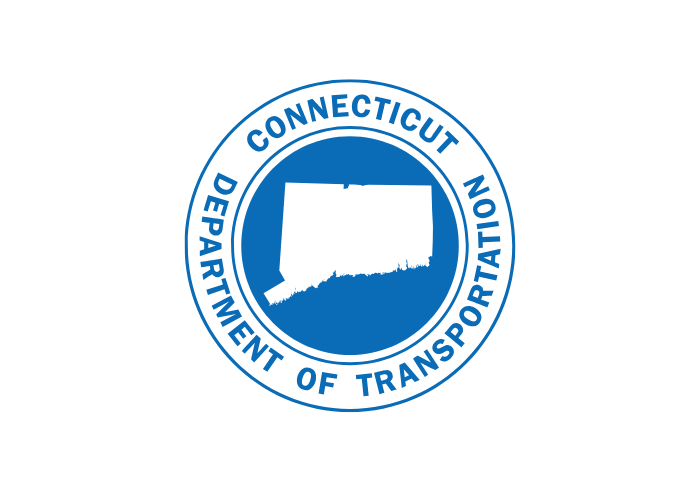 Connecticut Department of Transportation logo on white background; a blue circle contains a map outline of Connecticut.