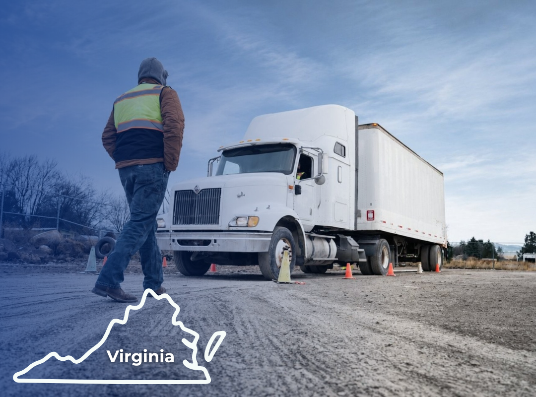 A CDL instructor in a reflective vest stands in an outdoor training lot with a semi-truck