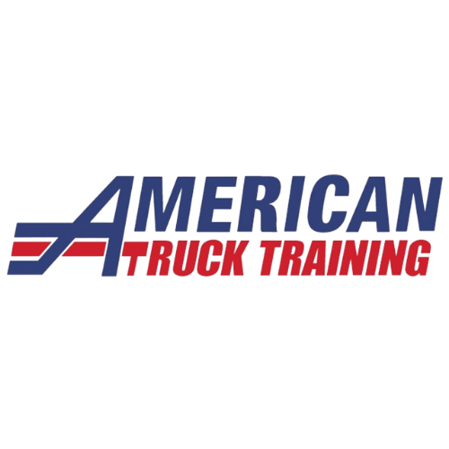 Logo for American Truck Training, blue and red text with a stylized