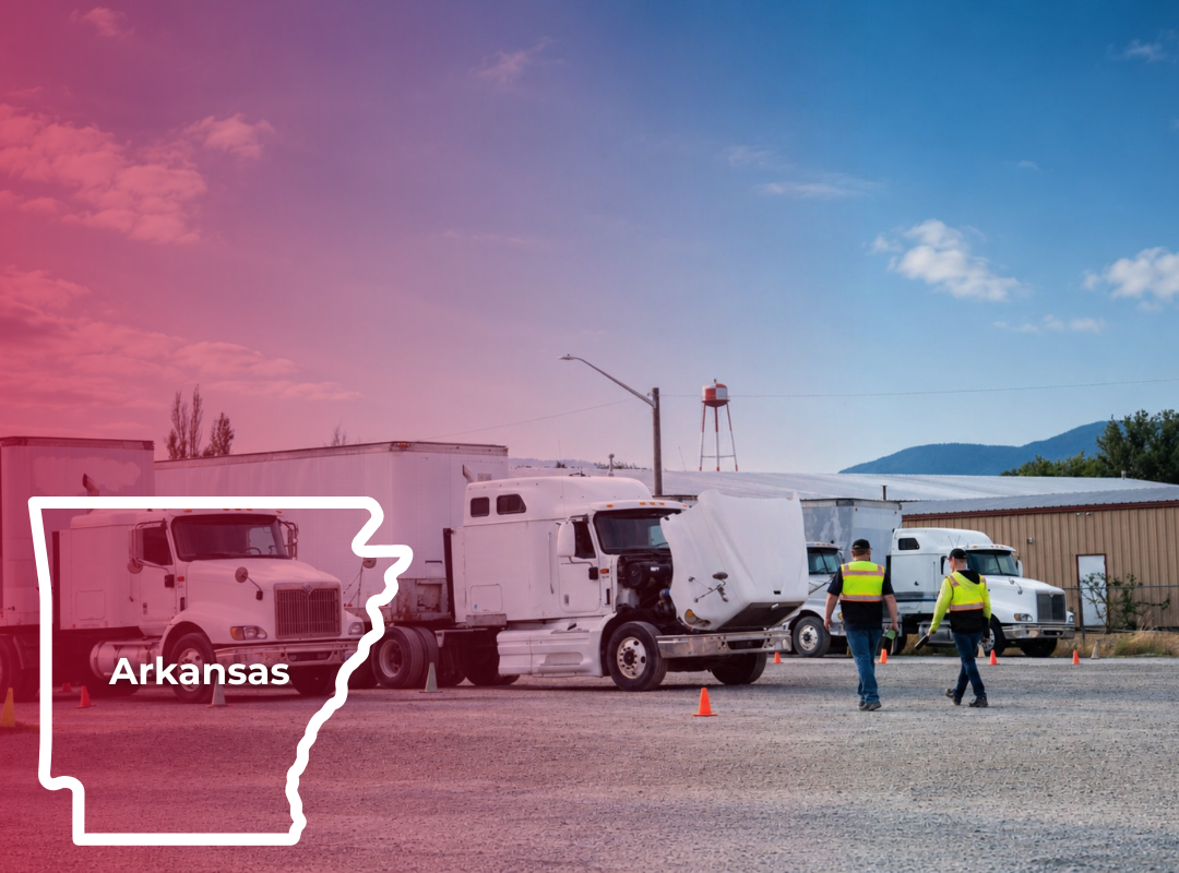Man in orange vest directing a semi-truck, with an outline of Arkansas overlaid.