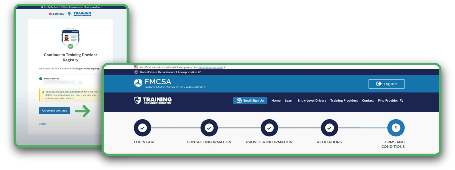 A screenshot of the FMCSA TPR on a phone and a screenshot of a website on a tablet.