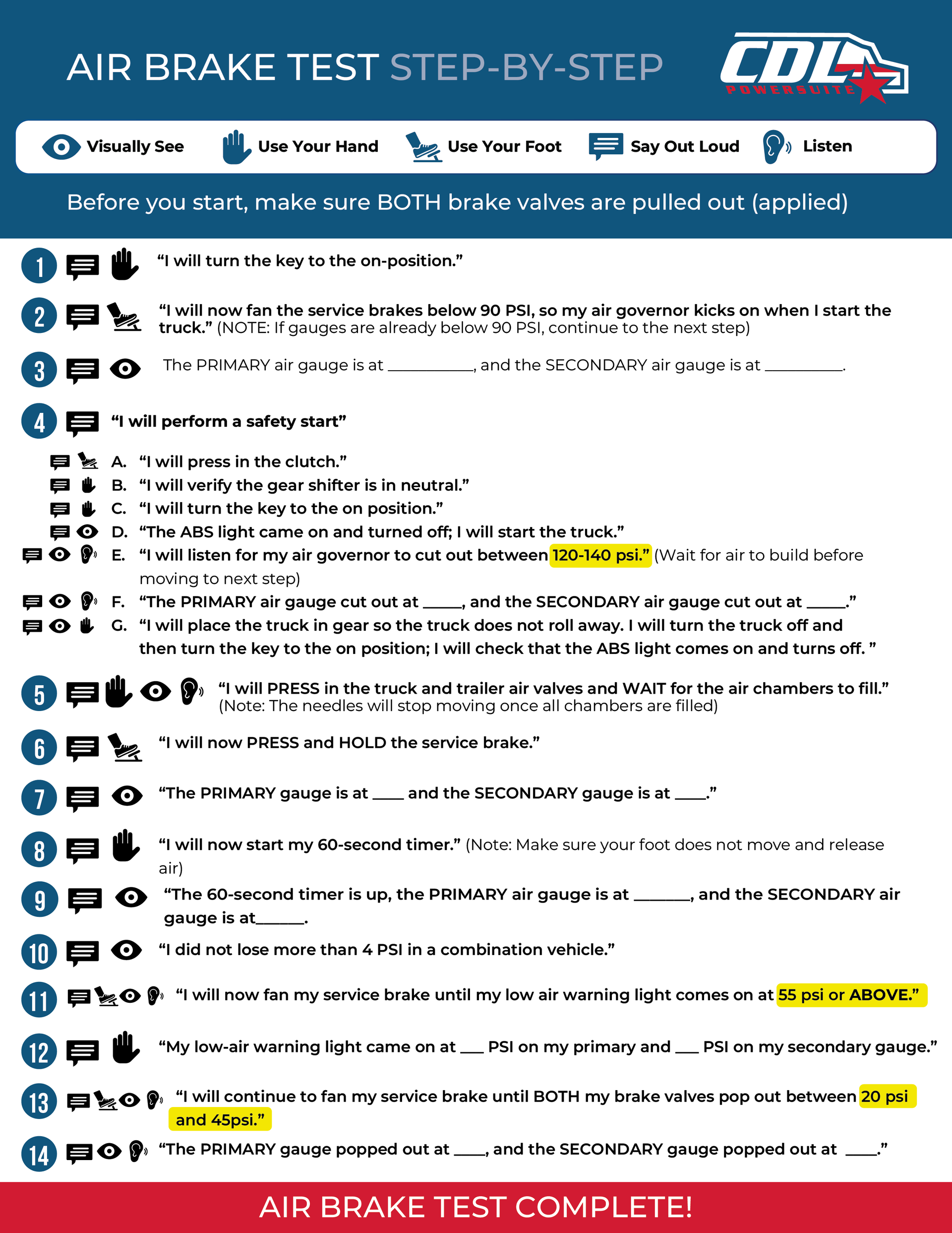 How to Complete A CDL Air Brake Test on a semi truck