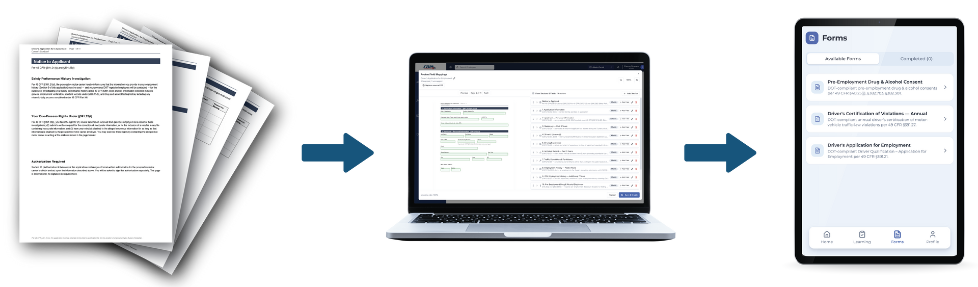 Papers turn into a laptop display, then a smartphone app screen, showing document-to-digital workflow.