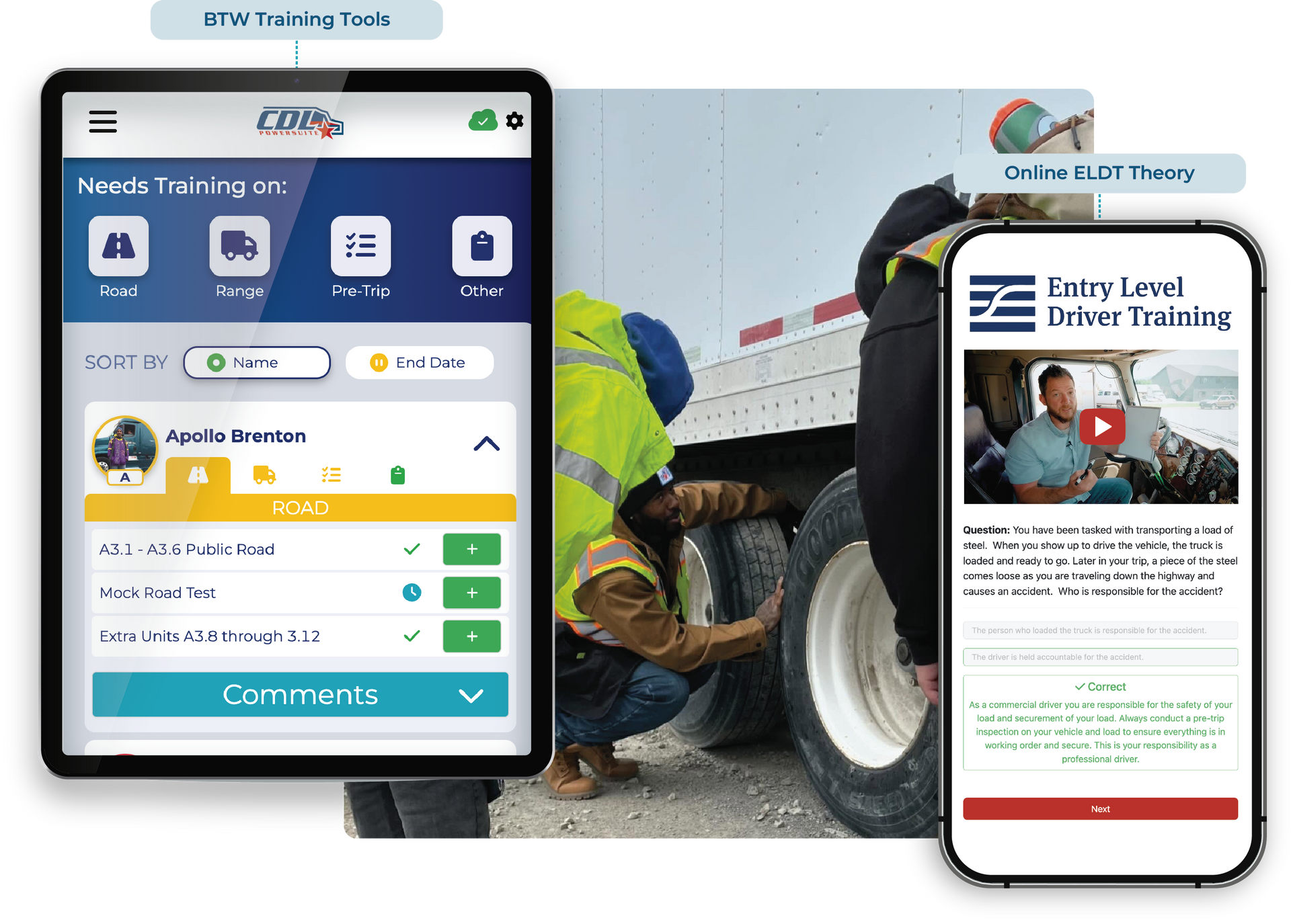 Farm workers harvesting in a field, shown with a smartphone app interface and a news webpage on two phones.