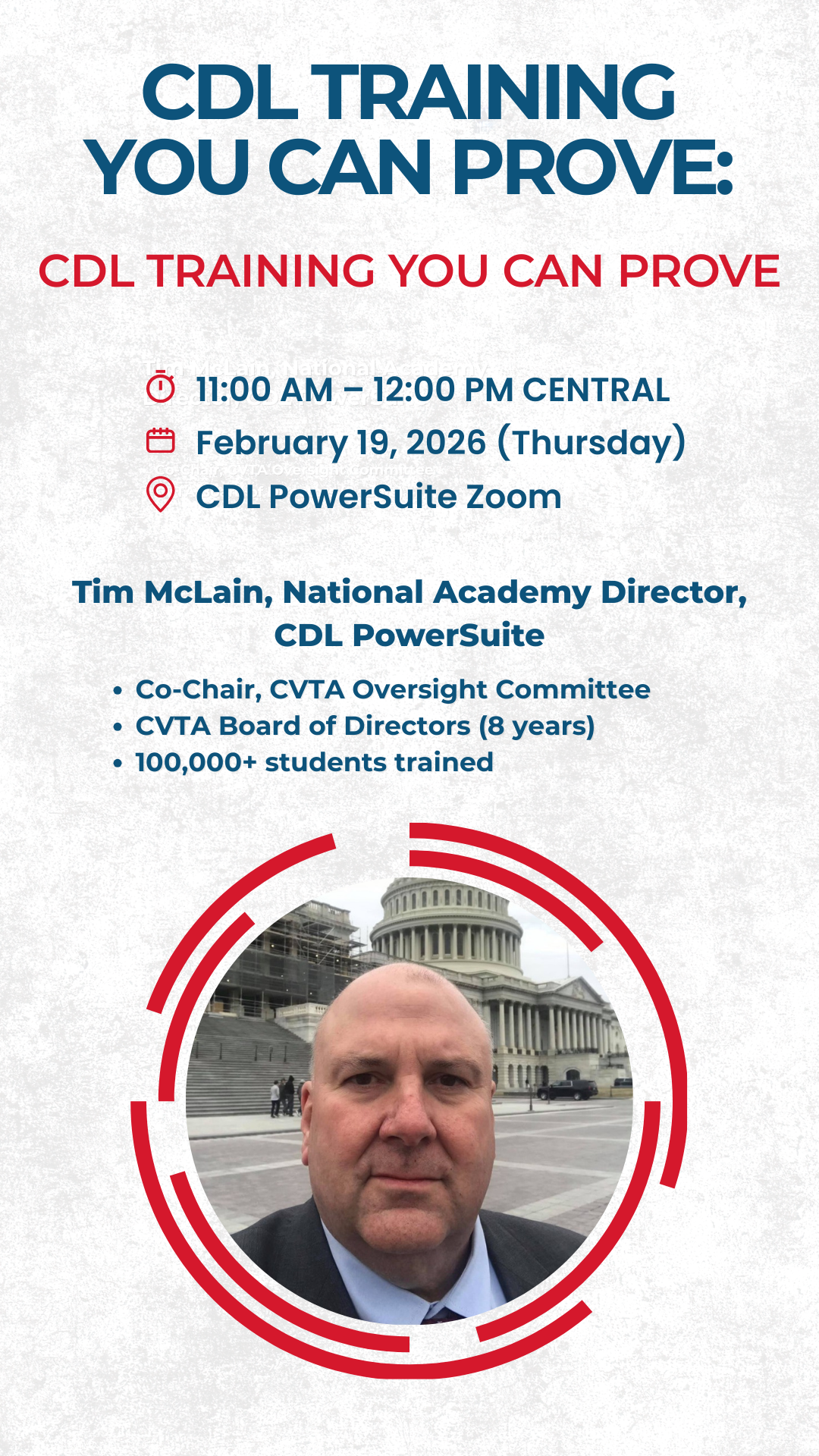 Advertisement for a CDL training event on Zoom, featuring Tim McLain with details of the event on February 19, 2026.
