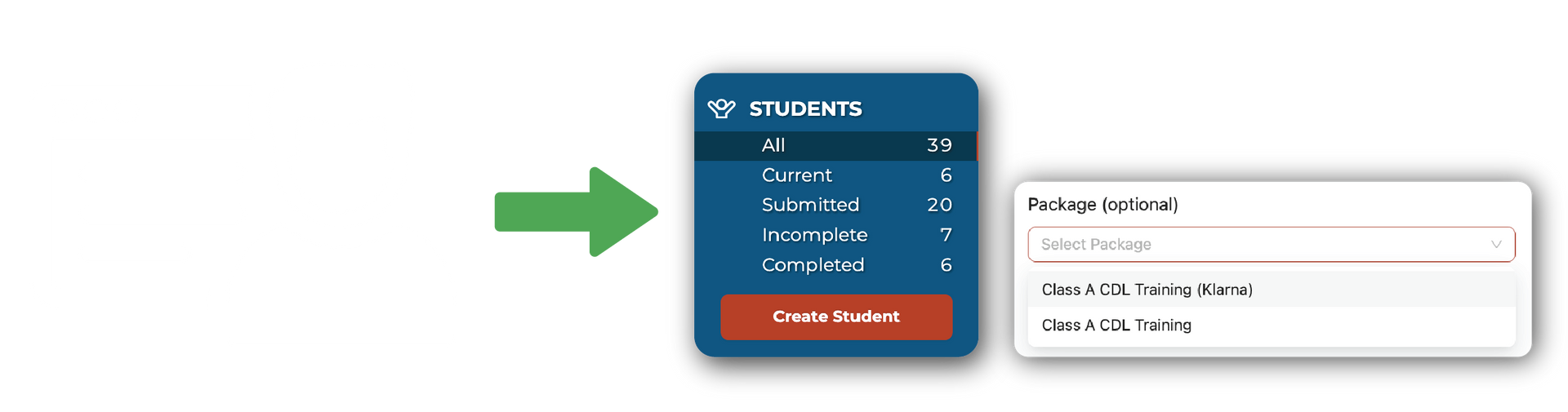 A green arrow points from a blue box with text to a white box with text.