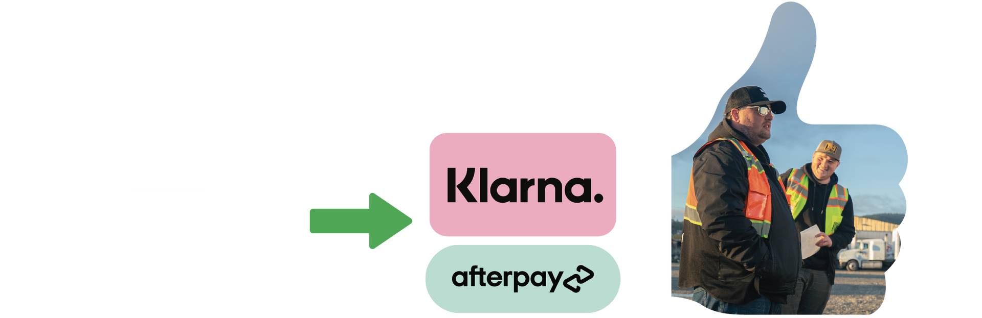 Klarna and Afterpay payment options, thumb up, with workers outdoors.