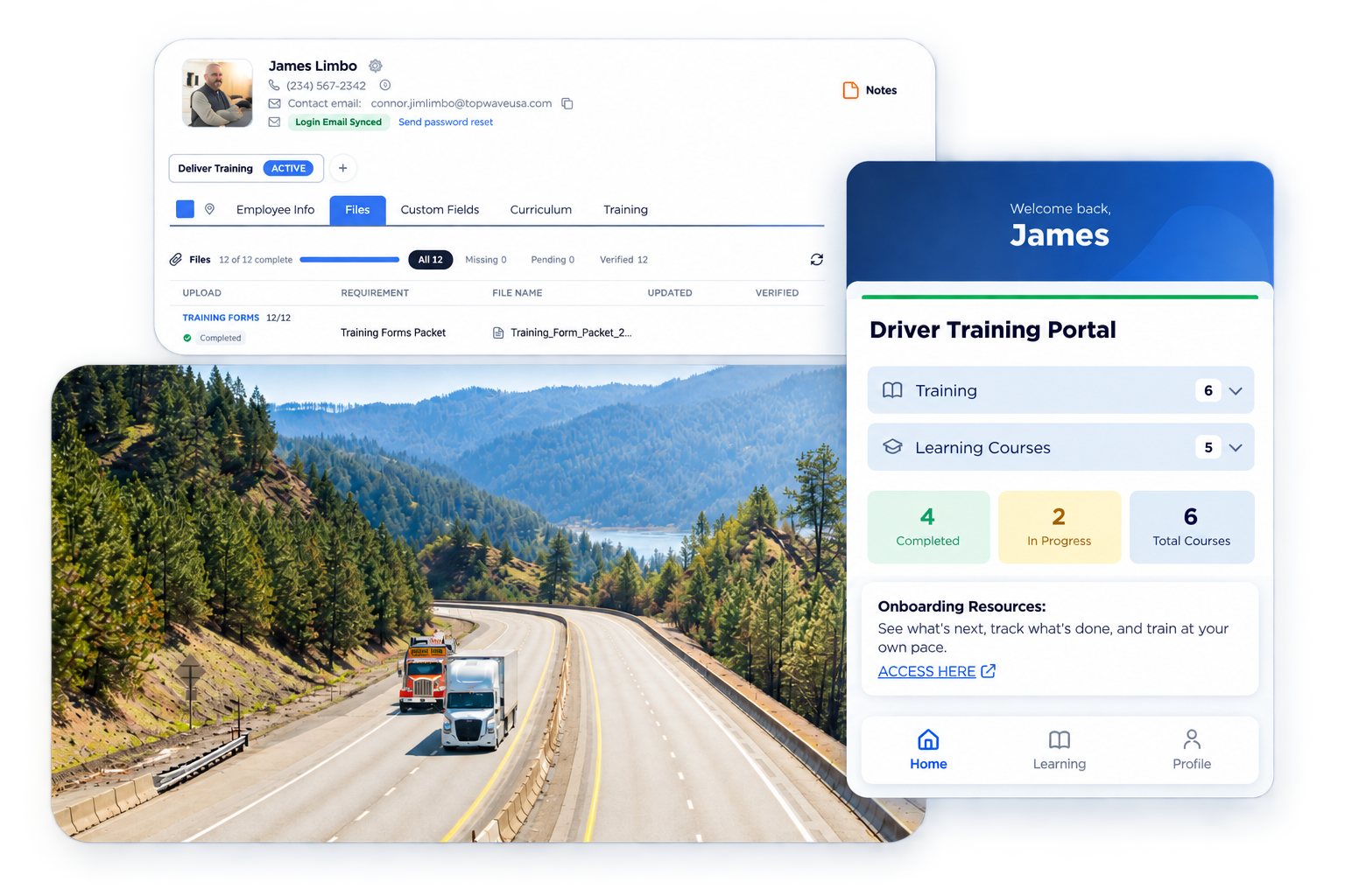 Truck driving app dashboard over a highway scene with a blue driver profile card and route stats