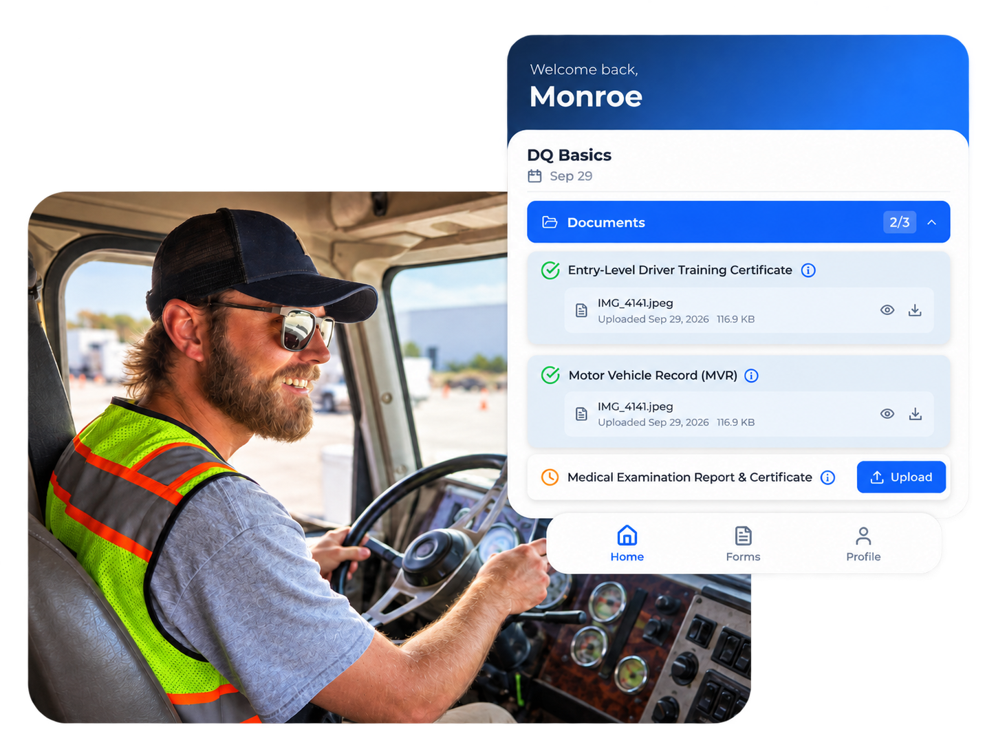 Truck driving app dashboard over a highway scene with a blue driver profile card and route stats