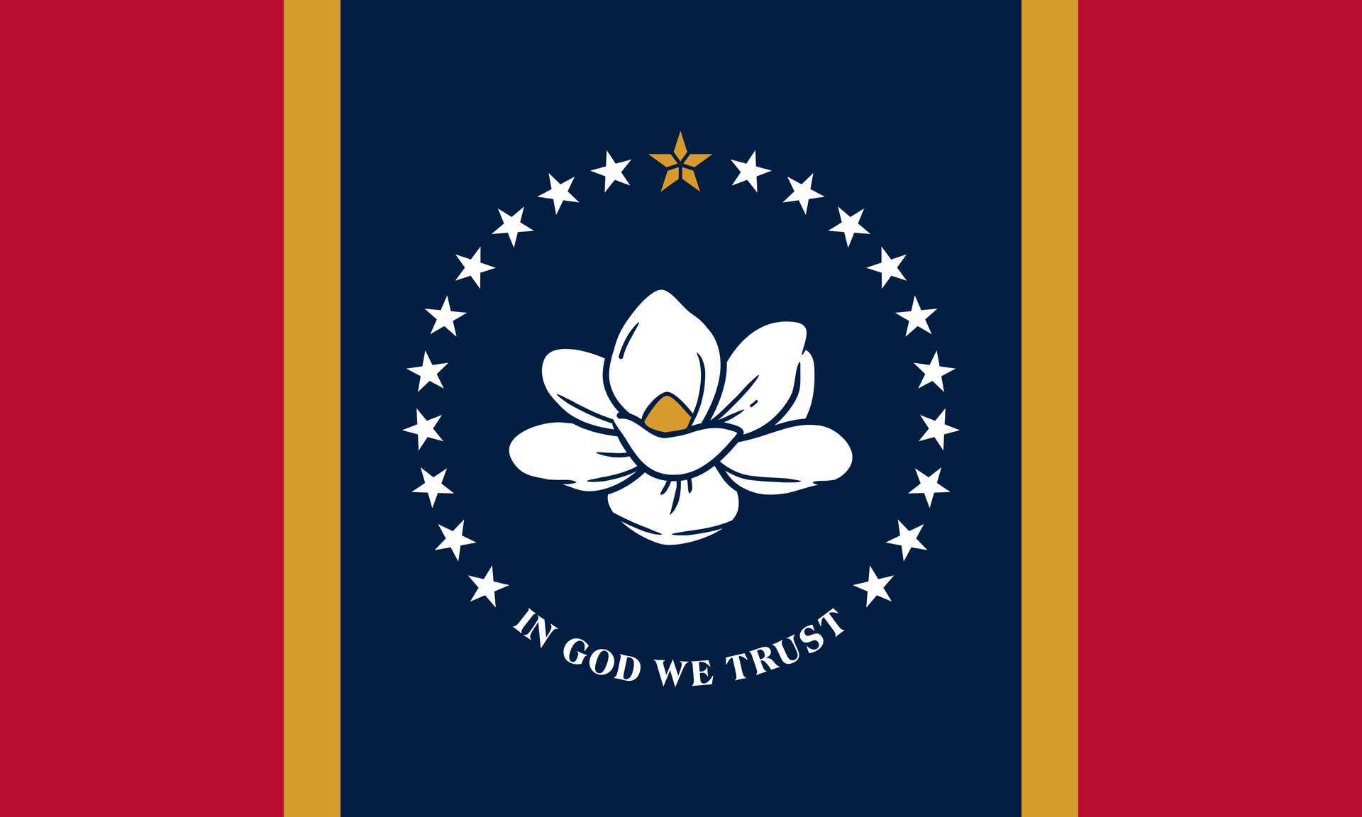 Flag of Georgia: Blue field with white stars around Georgia's state seal; red and white stripes on the right.