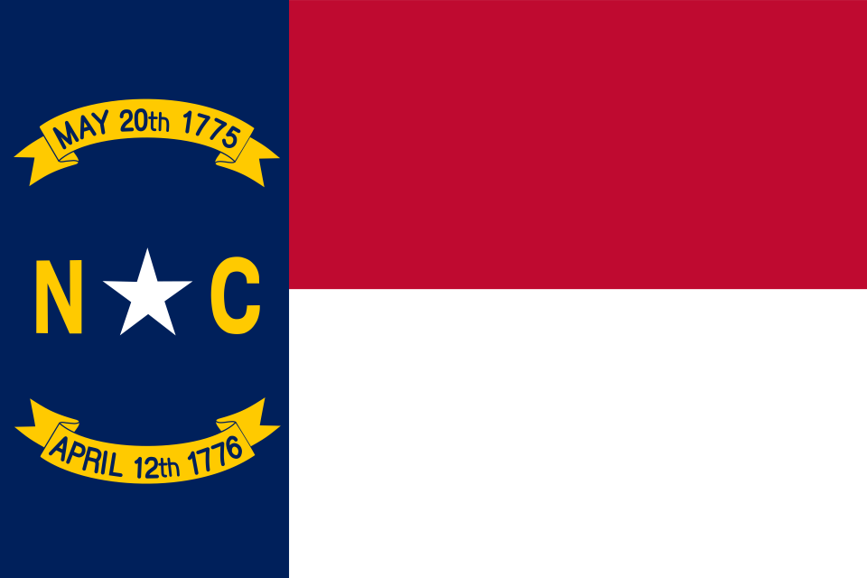 Flag of North Carolina: Blue union with white star, gold letters N and C, and red and white horizontal bars.